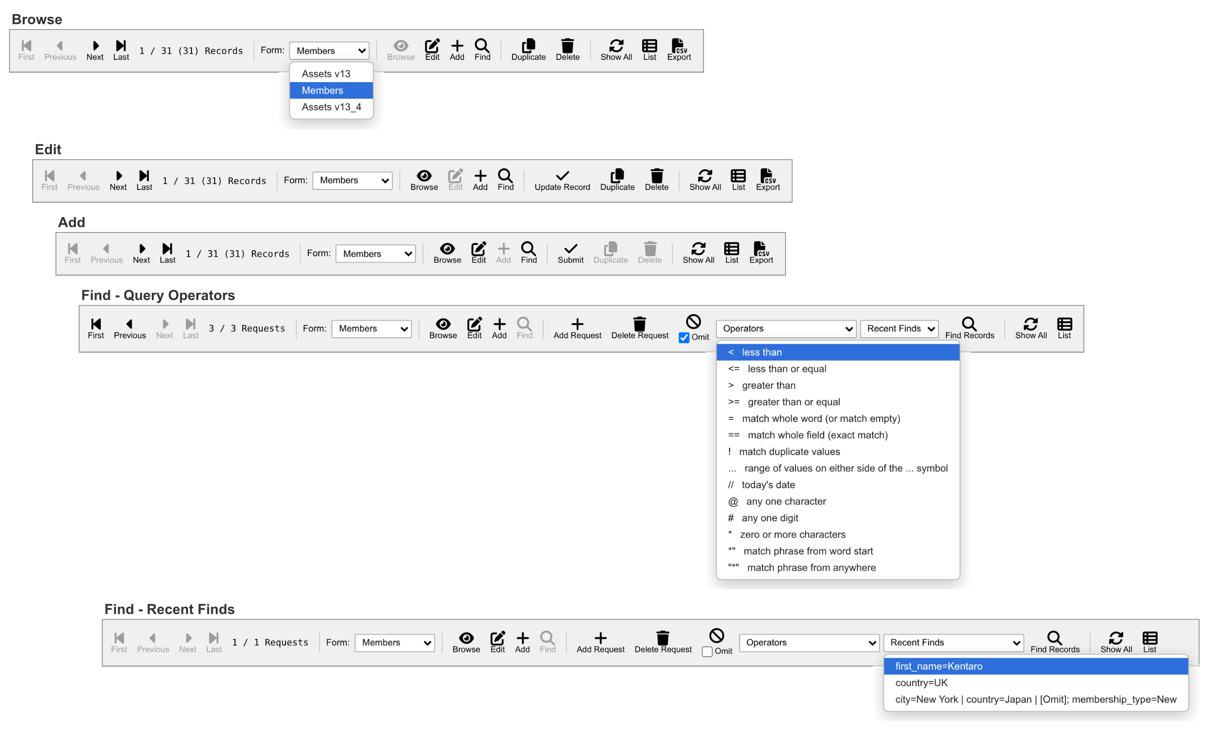 Django Navigation Toolbar - Browse, Edit, Add and Find modes with Query Operators and Recent Finds